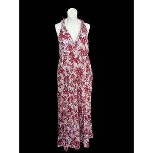 Lola Australia Sapphire Cotton Maxi Dress Floral Lavender Red Ruffle Halter Sz M